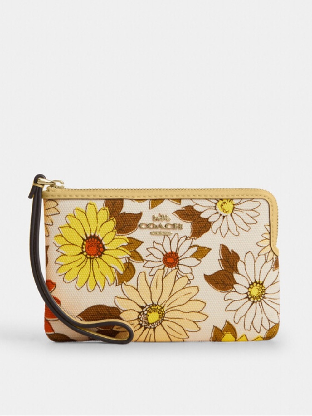 Coach Corner Zip Wristlet With Floral Print Vanilla Sunflower
